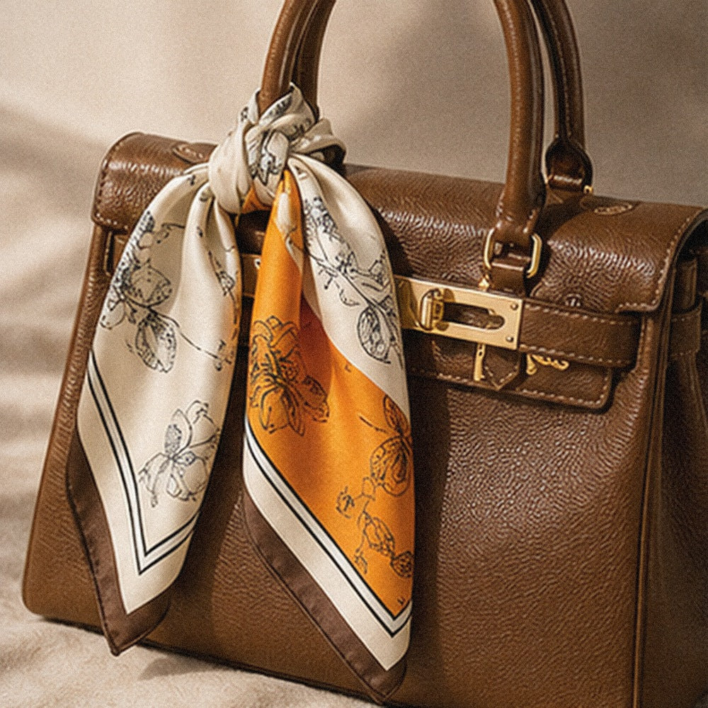 Foulard Carré Satin Botanique · Scarf — Ivoire & Orange Croquis Fleuri