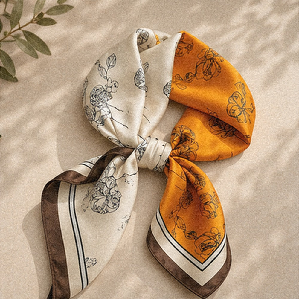 Foulard Carré Satin Botanique · Scarf — Ivoire & Orange Croquis Fleuri