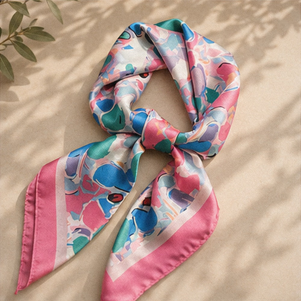 Foulard Carré Satin Aquarelle · Scarf — Rose & Bleu Abstrait Pastel