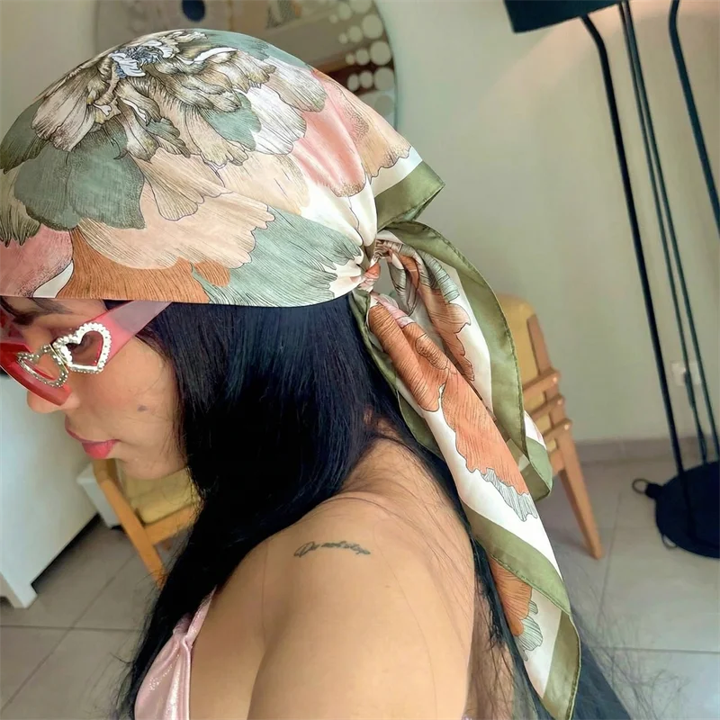 90cm Silk Shawl Square Scarf For Women Print Headband Foulard Satin Hijab Hair Bands Neckerchief Female Head Wraps Bandana
