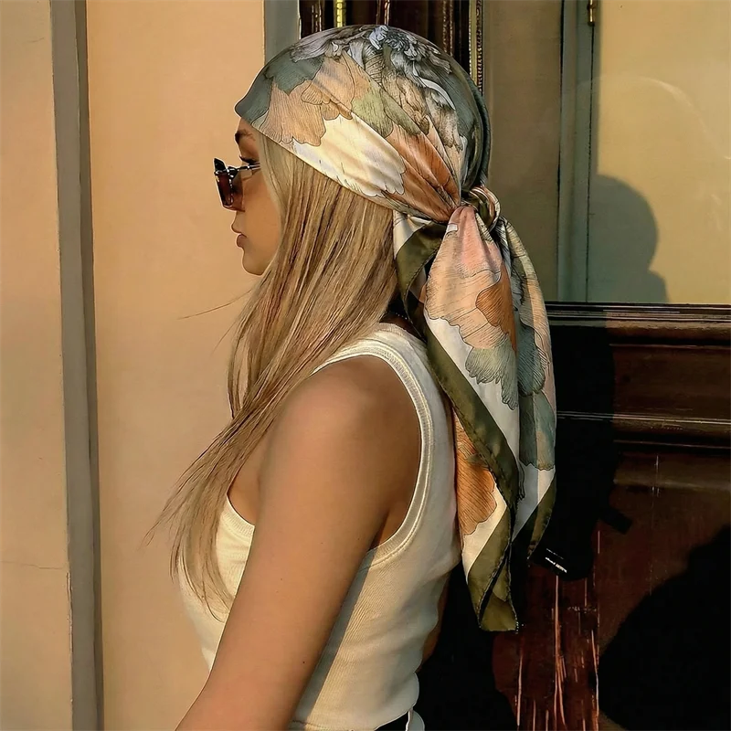 90cm Silk Shawl Square Scarf For Women Print Headband Foulard Satin Hijab Hair Bands Neckerchief Female Head Wraps Bandana