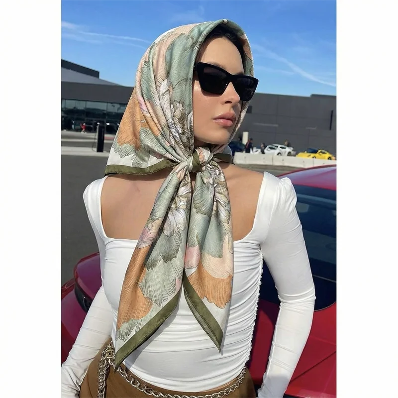 90cm Silk Shawl Square Scarf For Women Print Headband Foulard Satin Hijab Hair Bands Neckerchief Female Head Wraps Bandana